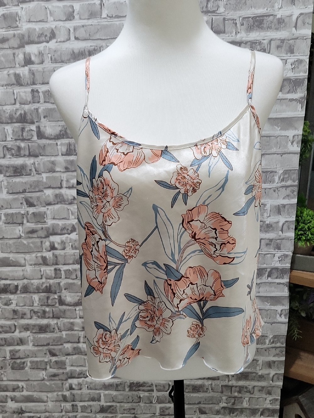 Cream Floral Satin Cami Slip Top with Peach & Blue Blooms - Women's Sz L